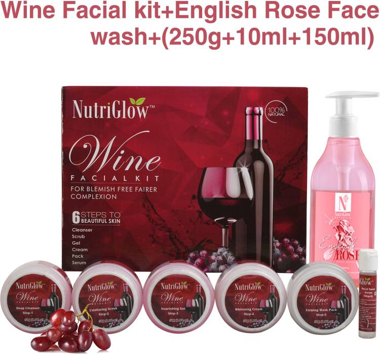 NutriGlow Exclusive Combo of Wine Faciat Kit (250 gm) & English Rose Face wash (150 ml) For Glowing Skin|Complete CTM Regime Price in India