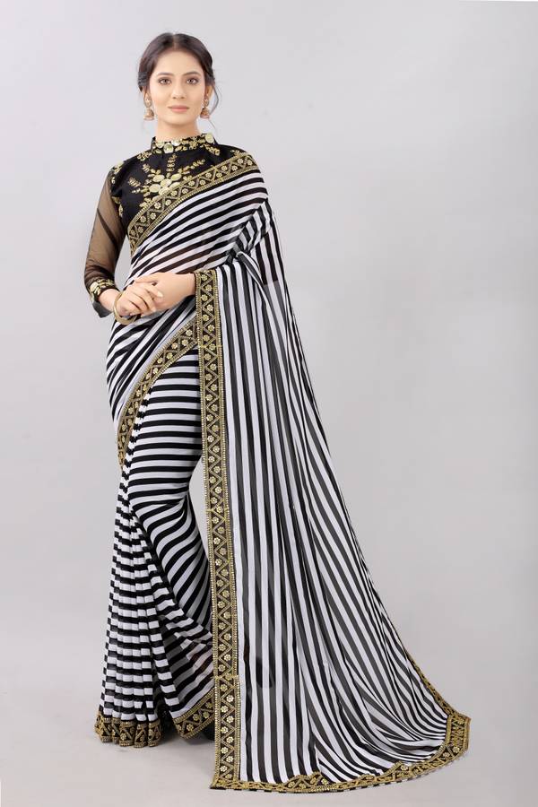 Striped Dharmavaram Georgette Chiffon Blend Saree