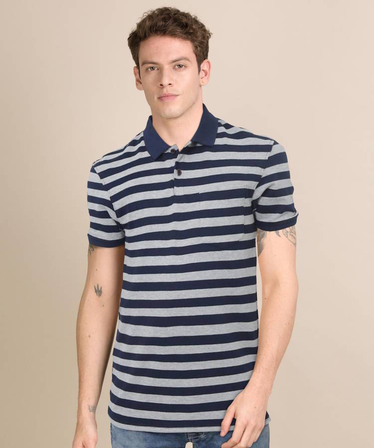 Striped Men Polo Neck Grey, Dark Blue T-Shirt