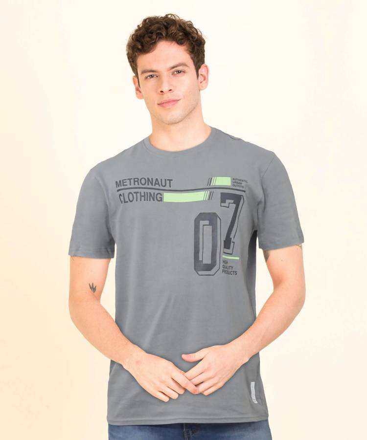 Printed Men Round Neck Grey T-Shirt Price in India