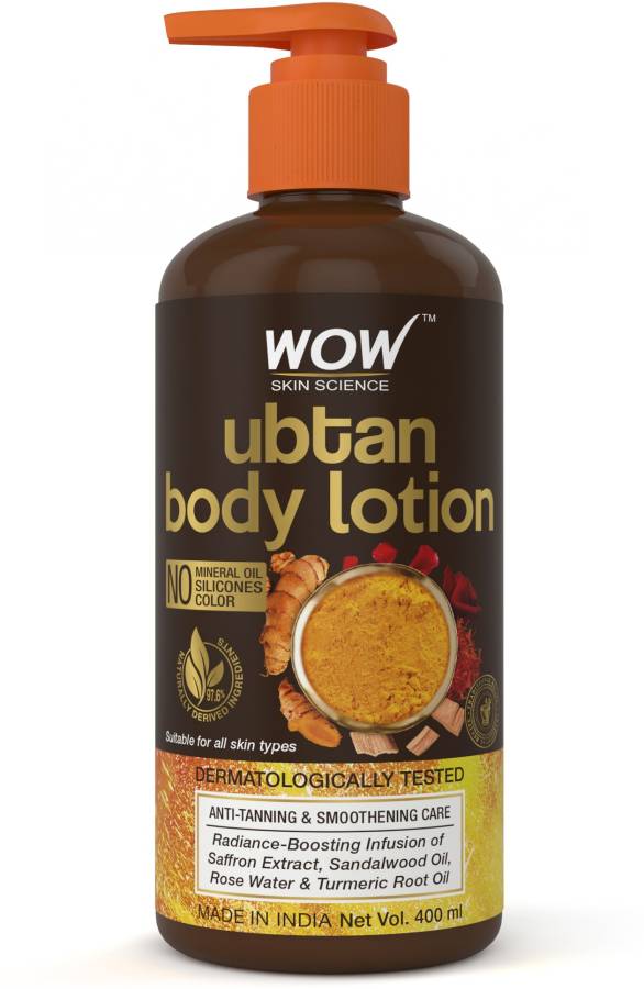 WOW SKIN SCIENCE Ubtan Body Lotion - Non Sticky & Non Greasy - Anti-Tanning & Smoothening Care - with Saffron Extract, Sandalwood Oil, Rose Water - No Mineral Oil, Silicones & Color - 400mL Price in India
