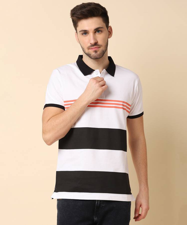 Color Block Men Collared Neck White T-Shirt