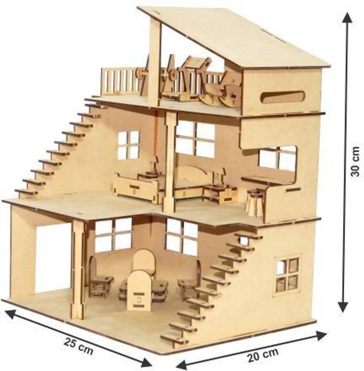 Johnnie Boy gift gallery Wooden Doll House for Girls with Furniture, Dollhouse for Kids, Girls and Boys with Open air Gym (GOLDEN)