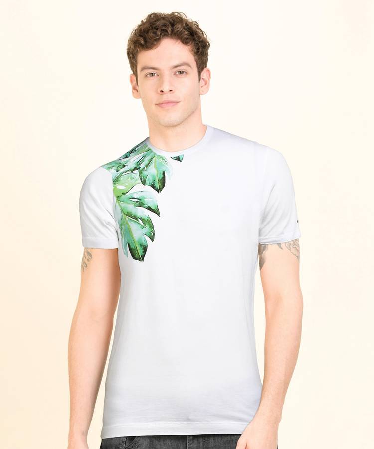Floral Print Men Round Neck White, Green T-Shirt