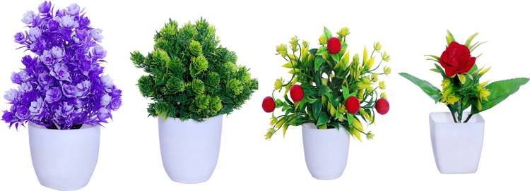 S-Biv Multicolor Artificial Flower And Plant For Home Decor or Office Décor Also Plant Suitable For Table , Flower & Plant Specially Decor For Bed Room Decoration ( Pack of 04 RED GREEN PURPLE MULTI) Bonsai Wild Artificial Plant  with Pot