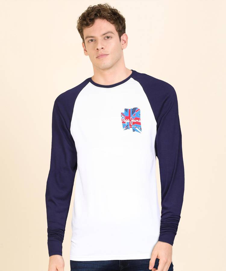 Color Block Men Round Neck Blue, White T-Shirt