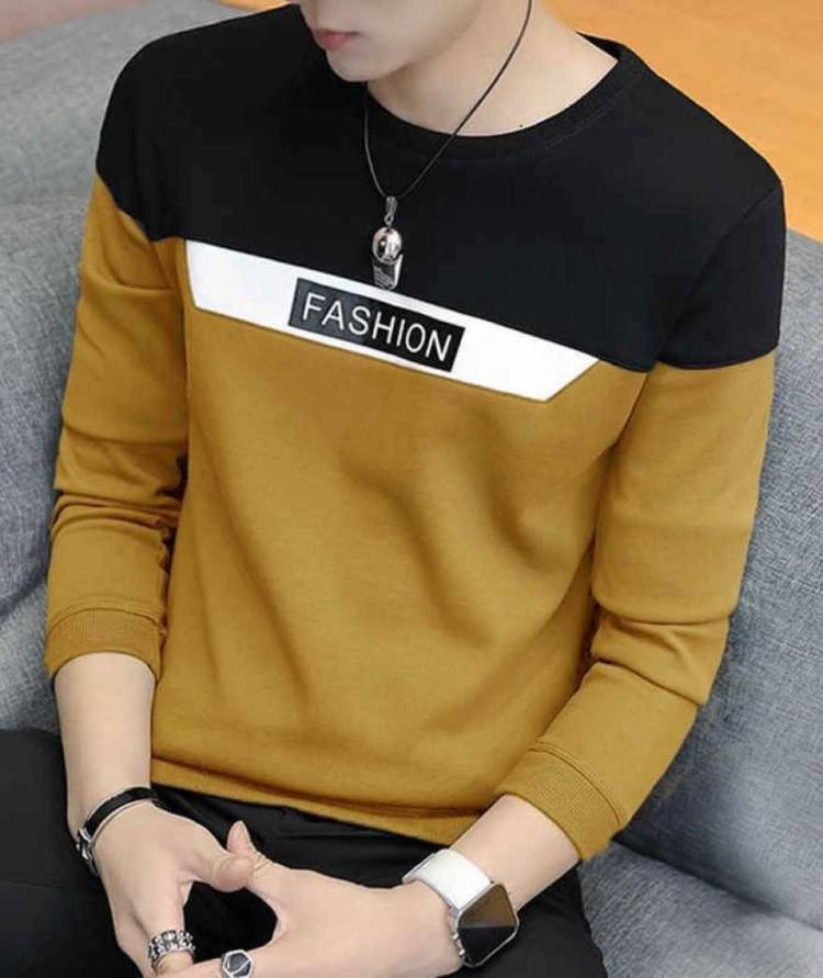 Men Color Block Round Neck Yellow T-Shirt Price in India