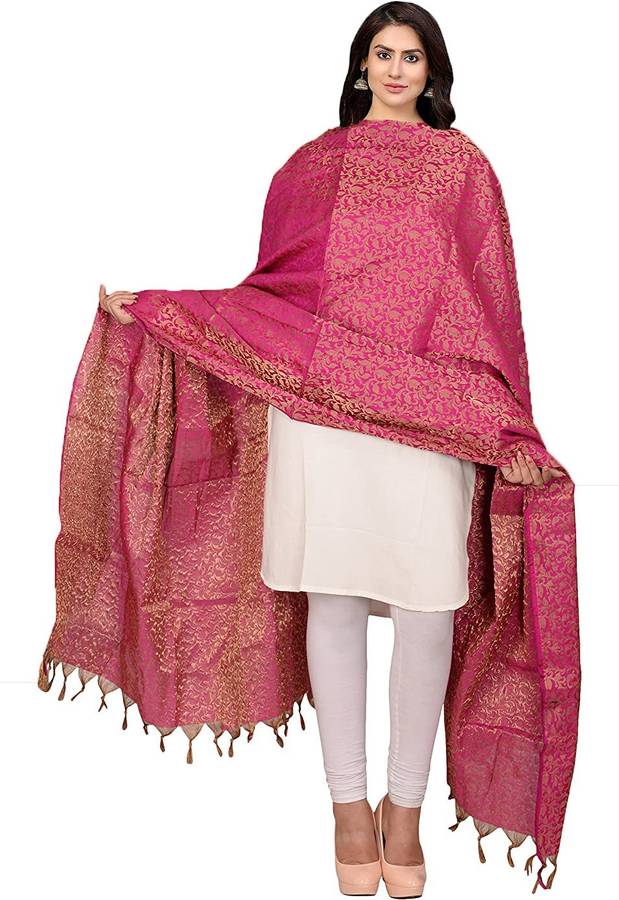 Cotton Silk Woven Pink Women Dupatta