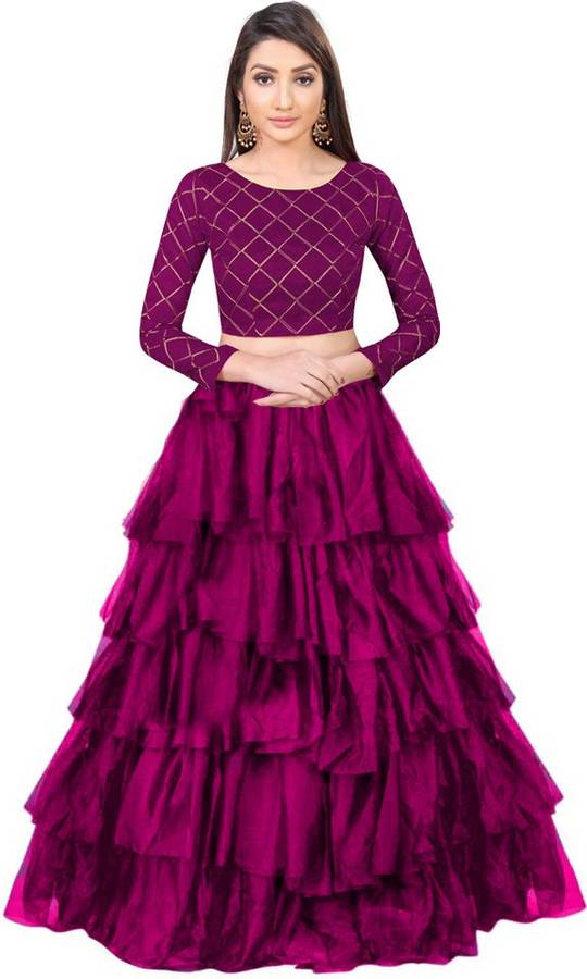 Checkered, Solid Semi Stitched Lehenga & Crop Top