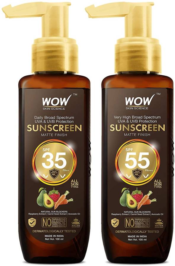 WOW SKIN SCIENCE Sunscreen Matte Finish - SPF 35 PA++ & SPF 55 Pa+++ Combo Pack - UVA &UVB Protection - Quick Absorb - No Parabens, Silicones, Mineral Oil, Oxide, Color & Benzophenone - 200 ml - SPF SPF 35 PA++ & SPF 55 Pa+++ PA+++ Price in India
