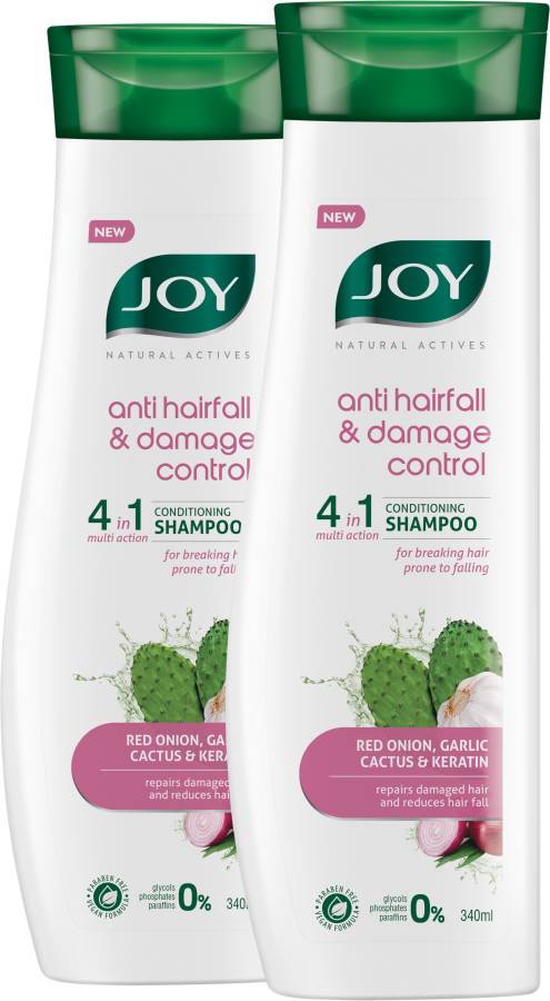 Joy Natural Actives Anti Hairfall & Damage Control 4-in-1 Multi Action Conditioning Shampoo With Red Onion Keratin, Cactus & Garlic extracts | Anti Hair Fall Conditioning Shampoo Pack of 2 X 340 ml Price in India