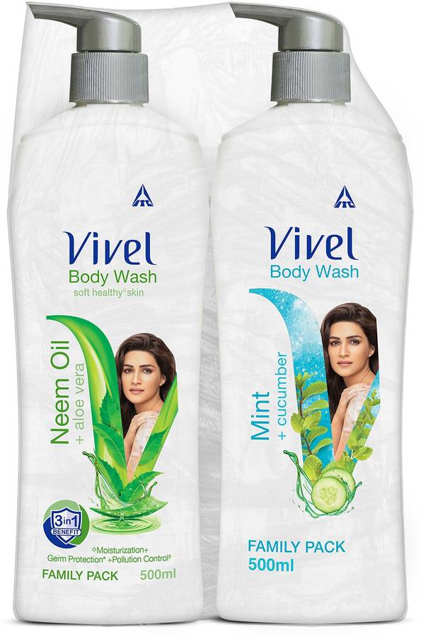 Vivel Body Wash, Mint & Cucumber and Neem Oil & Aloe Vera, Shower Crme, 500ml Pump, For women and men