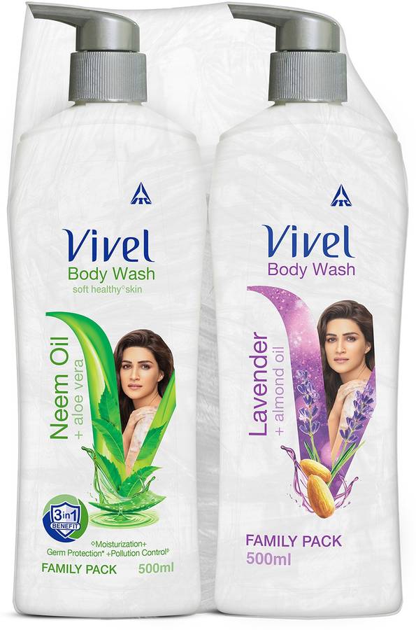 Vivel Body Wash, Lavender & Almond Oil and Neem Oil & Aloe Vera, Shower Crme, 500ml Pump, For women and men