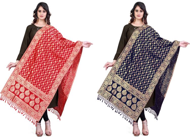 Jacquard Woven, Self Design Red, Blue Women Dupatta