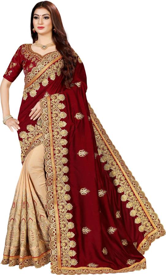 Embroidered Fashion Vichitra, Cotton Silk Saree Price in India