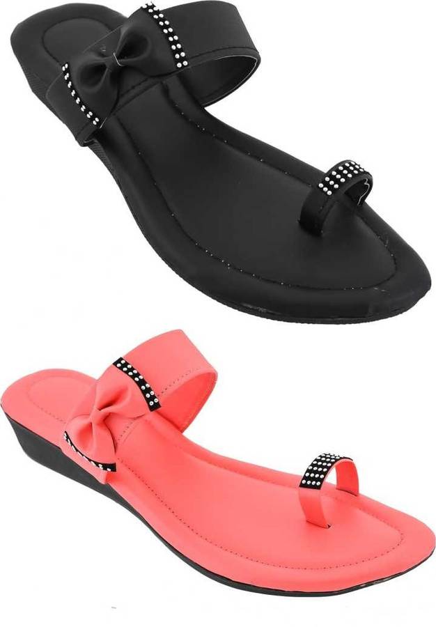 Women Black, Pink Flats Sandal