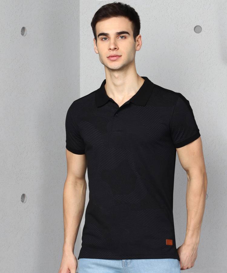 Printed Men Polo Neck Black T-Shirt Price in India