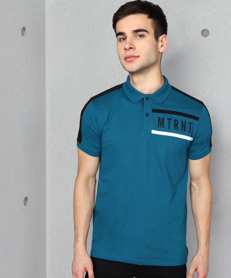 Color Block Men Polo Neck Blue T-Shirt