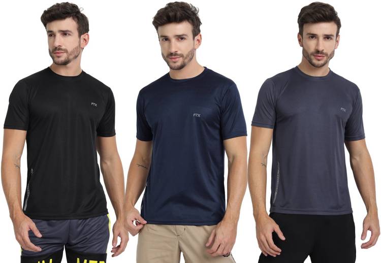 Pack of 3 Solid Men Round Neck Blue, Black, Grey T-Shirt Price in India