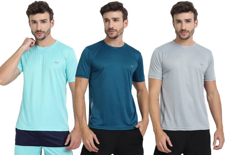 Pack of 3 Solid Men Round Neck Silver, Dark Blue, Light Blue T-Shirt Price in India