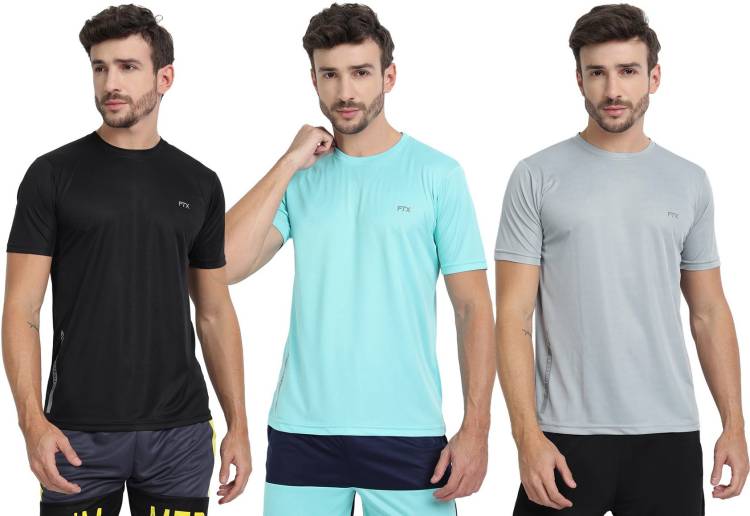 Pack of 3 Solid Men Round Neck Silver, Light Blue, Black T-Shirt Price in India