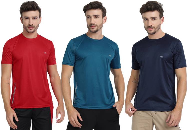 Pack of 3 Solid Men Round Neck Dark Blue, Red, Blue T-Shirt Price in India