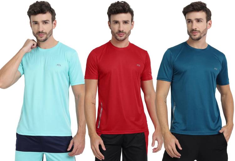 Pack of 3 Solid Men Round Neck Dark Blue, Light Blue, Red T-Shirt Price in India