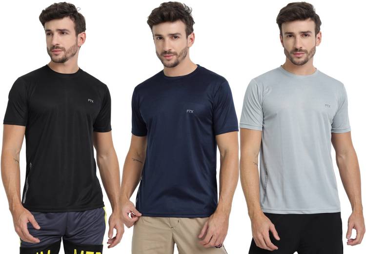 Pack of 3 Solid Men Round Neck Silver, Blue, Black T-Shirt Price in India