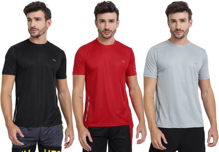 Pack of 3 Solid Men Round Neck Silver, Red, Black T-Shirt Price in India