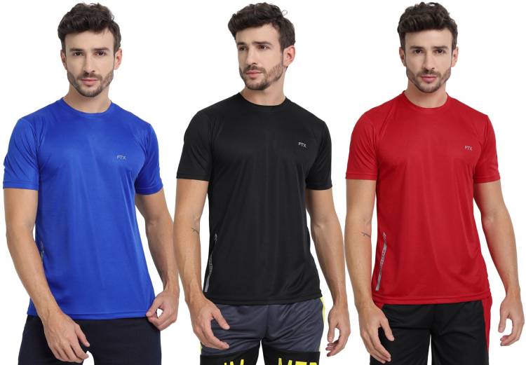 Solid Men Round Neck Black, Red, Blue T-Shirt Price in India
