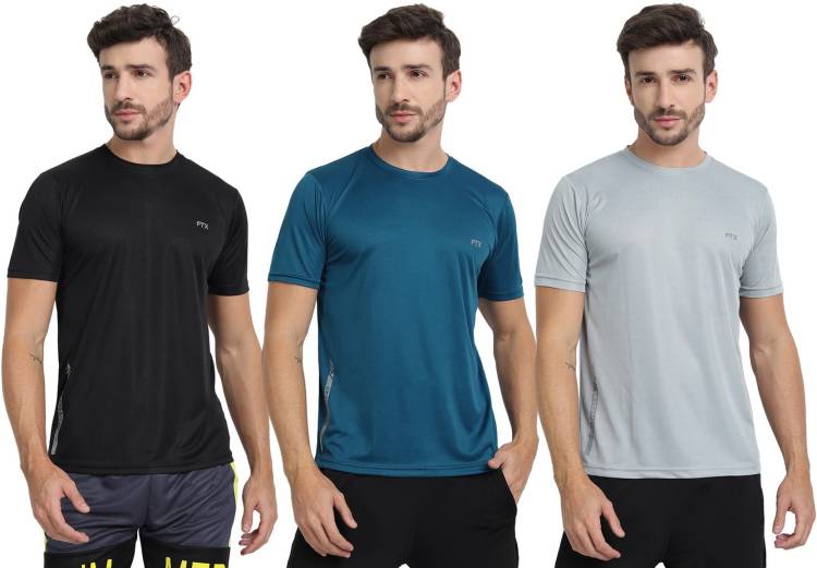 Pack of 3 Solid Men Round Neck Silver, Dark Blue, Black T-Shirt Price in India