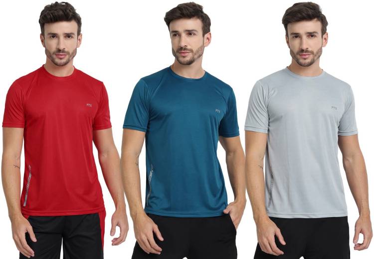 Pack of 3 Solid Men Round Neck Silver, Dark Blue, Red T-Shirt Price in India