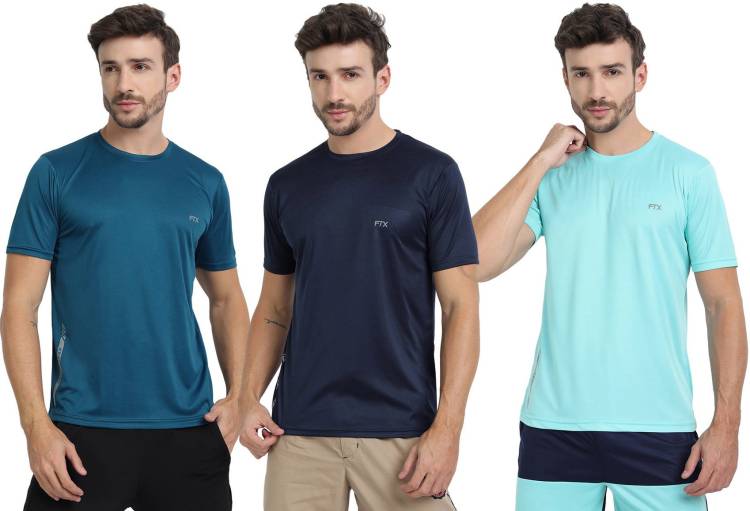 Pack of 3 Solid Men Round Neck Dark Blue, Light Blue, Blue T-Shirt Price in India