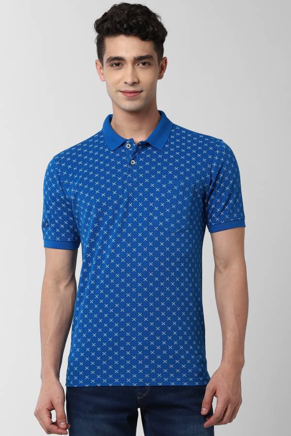 Printed Men Polo Neck Blue T-Shirt Price in India