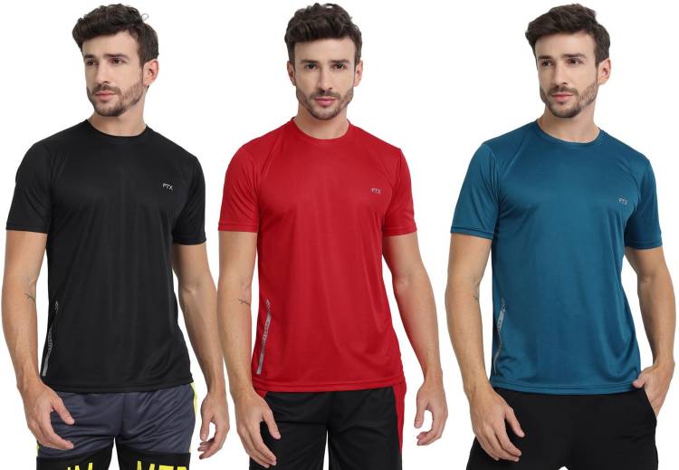 Pack of 3 Solid Men Round Neck Dark Blue, Red, Black T-Shirt Price in India