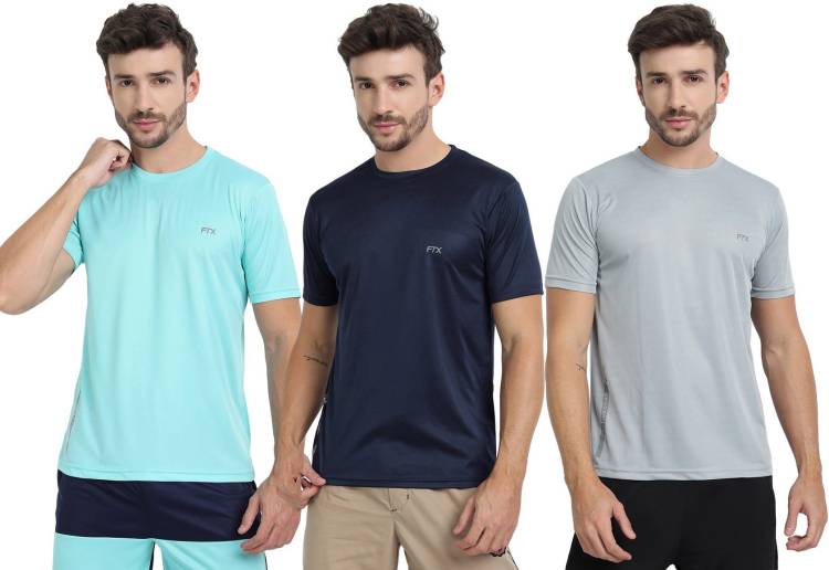 Pack of 3 Solid Men Round Neck Silver, Light Blue, Blue T-Shirt Price in India