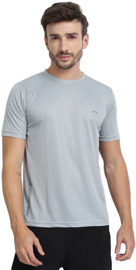 Solid Men Round Neck Silver T-Shirt Price in India