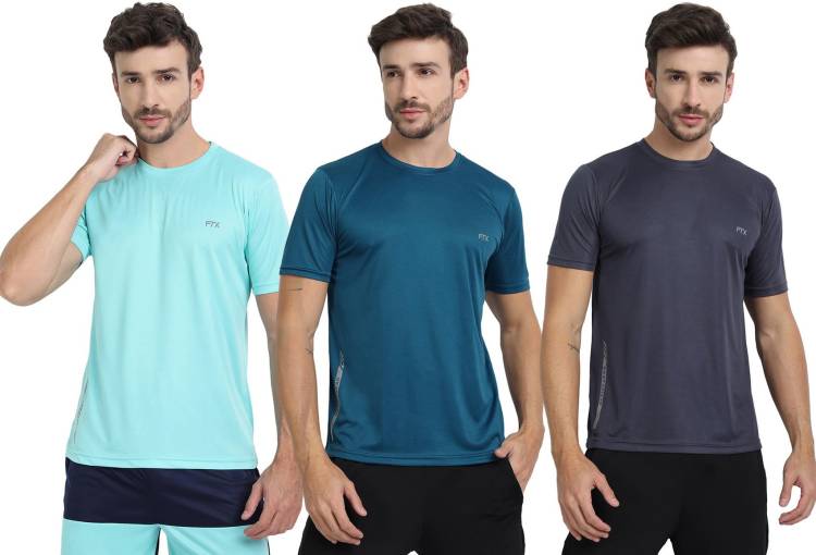 Pack of 3 Solid Men Round Neck Dark Blue, Light Blue, Grey T-Shirt Price in India