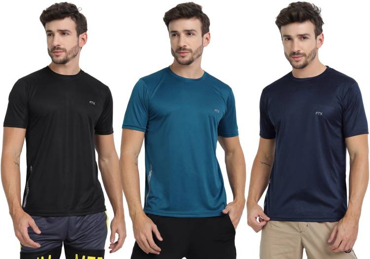 Pack of 3 Solid Men Round Neck Dark Blue, Blue, Black T-Shirt Price in India