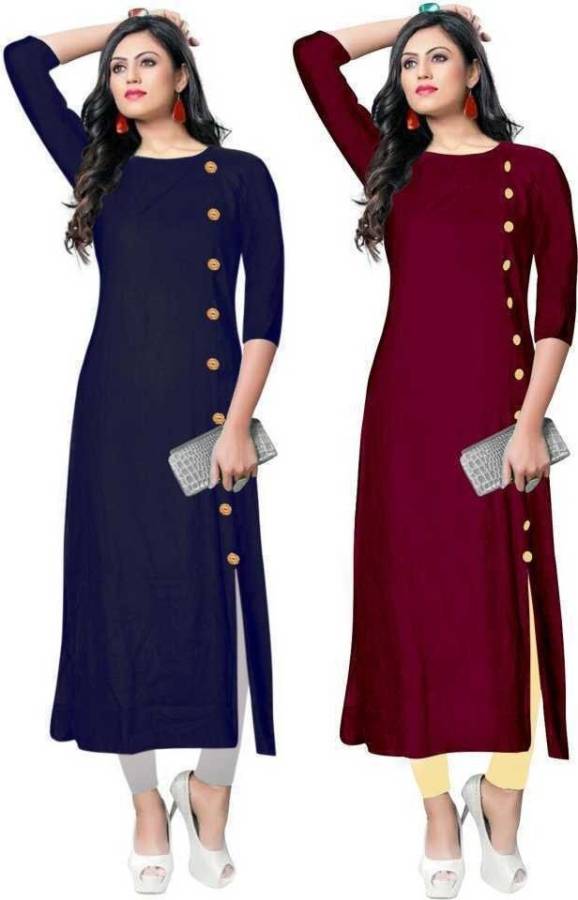 Women Solid Rayon Frontslit Kurta Price in India