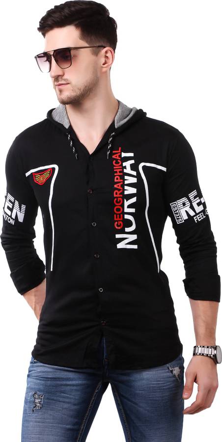 Men Slim Fit Graphic Print Hood Collar Casual Shirt