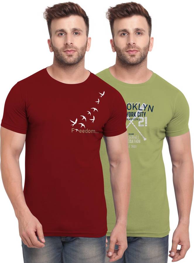 Typography Men Round Neck Maroon, Green T-Shirt