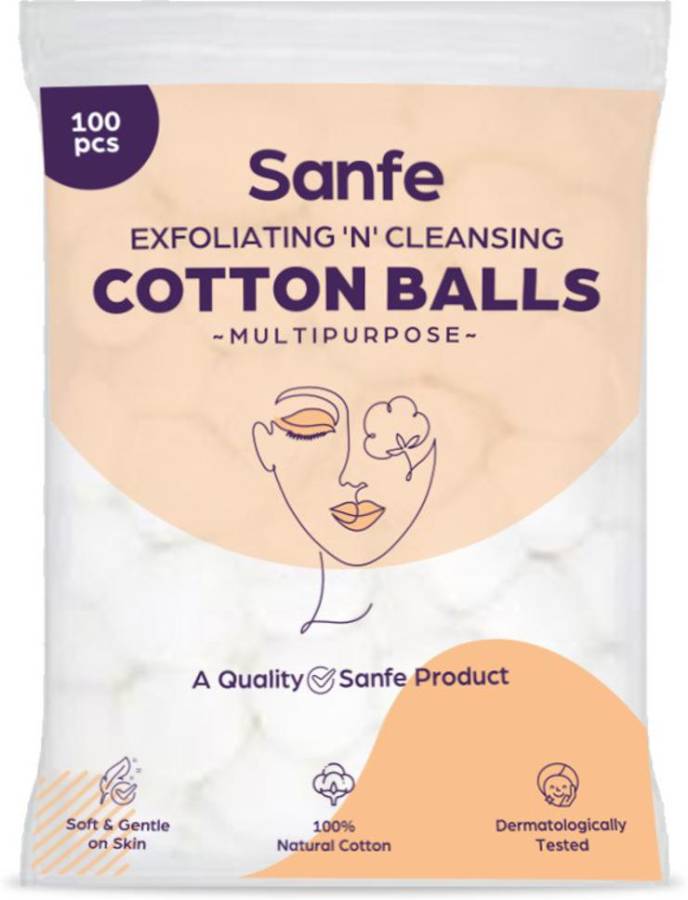 Sanfe Exfoliating & Cleansing Face Cotton Balls for Women - Pack of 100 | Apply and Clean makeup | Clean excess oil |Soft and gentle on the skin with 100% natural cotton Price in India