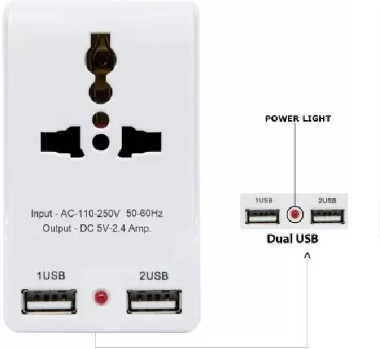 WESTA IMPEX Hilex Dual 2 USB Travel Charger- 3 Pin& 2 Pin Universal Socket 2.4Amp 5 V Worldwide Adaptor