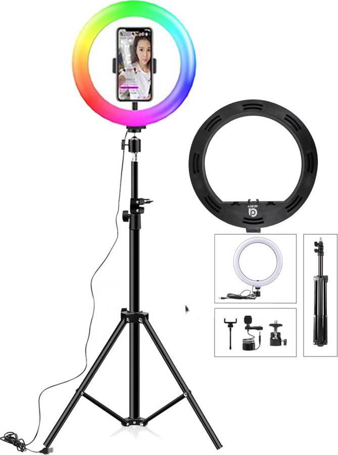 ADZOY Premium 6.9" feet (210cm) Strong Metal Tripod With 10 inch RGB Ring Light 21 Modes LED Ring Light of 10 Level Brightness & 16M color Variation and Metal Collar Microphone for Mobile/Camera Photo/Video/Selfie Shoot Tripod