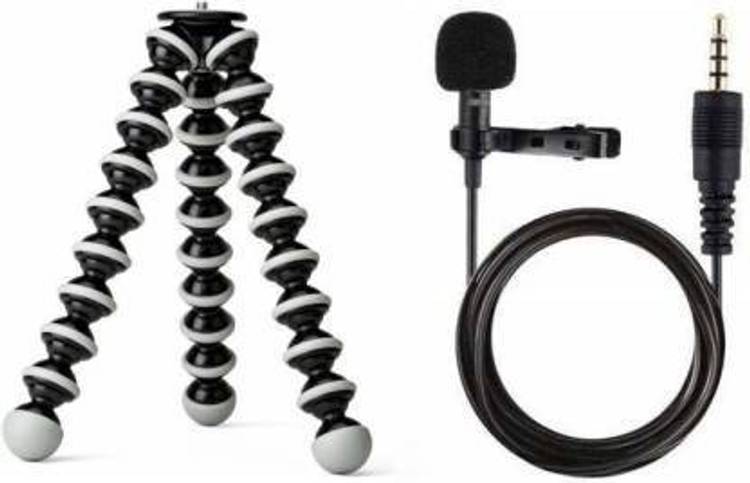 Crozier Gorilla Tripod + Collar Mic Set, (COMBO), Tabletop Holder Tripod Stand and mic for iPhone/Camera/DLSR/Android Smartphone with Universal Phone Mount, HD audio Quality Mic For Office, Online Teaching, YouTube and More Tripod Kit (Black, White, Supp