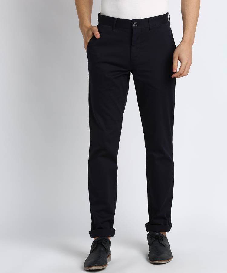 Tapered Men Dark Blue Cotton Blend Trousers