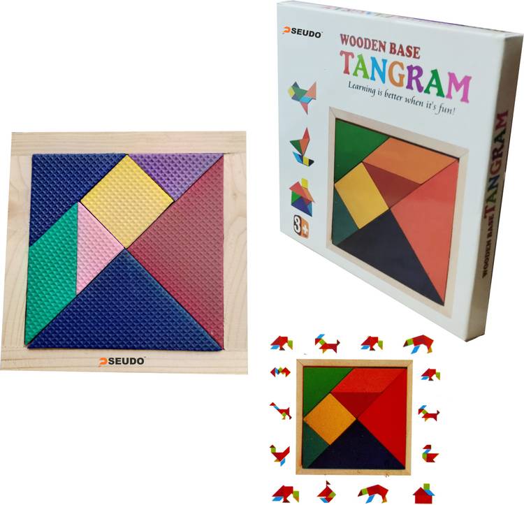 Pseudo 7 Pieces Wooden Tray with Rubber Pieces, Tangram Puzzle for Kids Tangram Puzzle with Wooden Trayfor Mind Development of Your Kids Brain Teaser Game Play Multicolor Jigsaw Puzzles - Best Gift for Kids