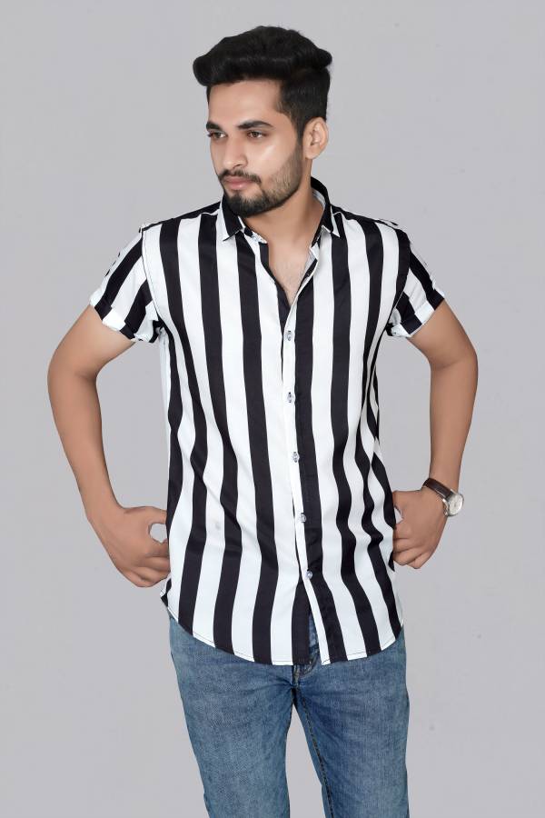 Men Regular Fit Striped Cut Away Collar Casual Shirt Price in India
