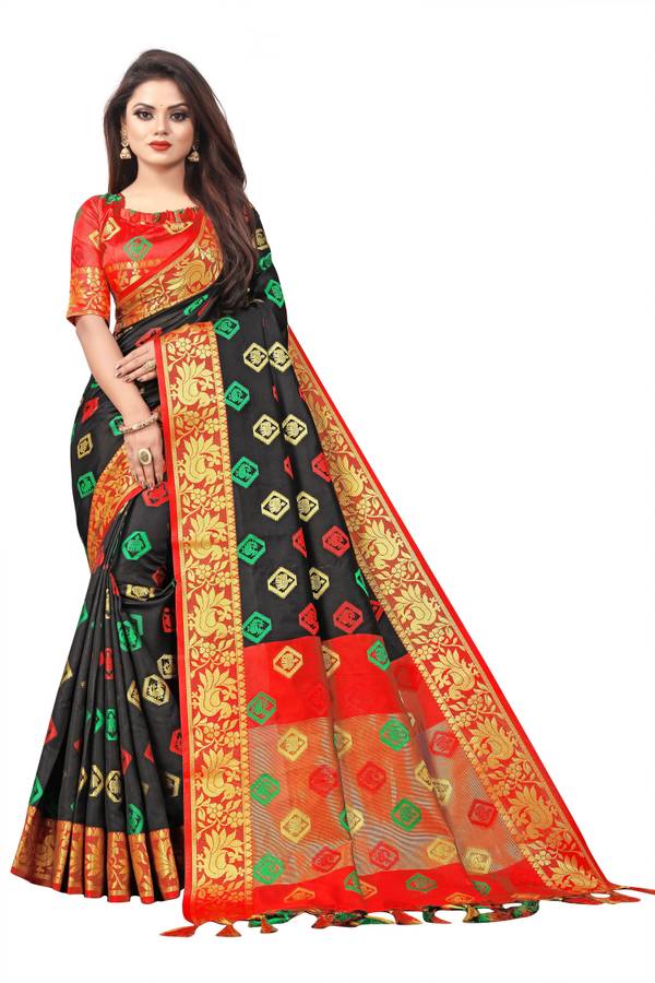 Woven, Embroidered, Checkered Kanjivaram Cotton Silk, Jacquard Saree